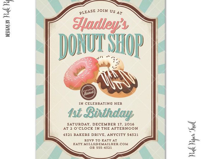 Donut Shop Invitation, Retro Donut Invitation, Sweet Shoppe, Bakeshop, I will customize for you, Print your own