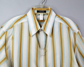 Vintage Versace Shirt Mens Button Down Shirt White and Gold and Blue Stripe Cotton Shirt Long Sleeve Size 54 Large