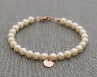 Rose Gold Flower Girl Bracelet, Personalized Flower Girl Initial Gift, Junior Bridesmaid Pearl Bracelet, Rose Gold Flower Girl Jewelry