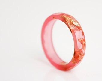 resin ring - size 8.5 transparent hot summer pink with gold and copper leaf thin multifaceted eco resin ring
