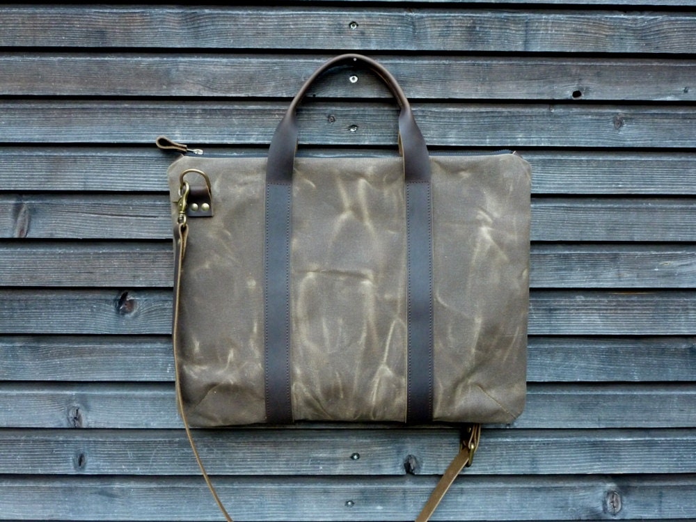 briefcase in waxed canvas and leather by treesizeverse on Etsy