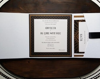 Art Deco Wedding Invitation - Pocket Wedding Invitation - Black and White Wedding Invitation - Style W-16 - SAMPLE