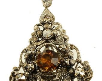 Antique Deco Czech Amber Marcasites Silver Finish Laveliere Necklace 16" 2" Drop