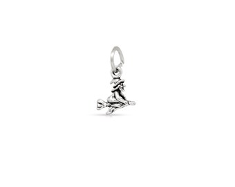 Witch on Broom Small Pendant Charm Sterling Silver 9.5x9.5mm - 1pc High Quality (3239)/1
