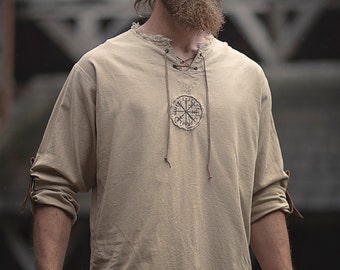 Linen man shirt with ancient viking embroidery