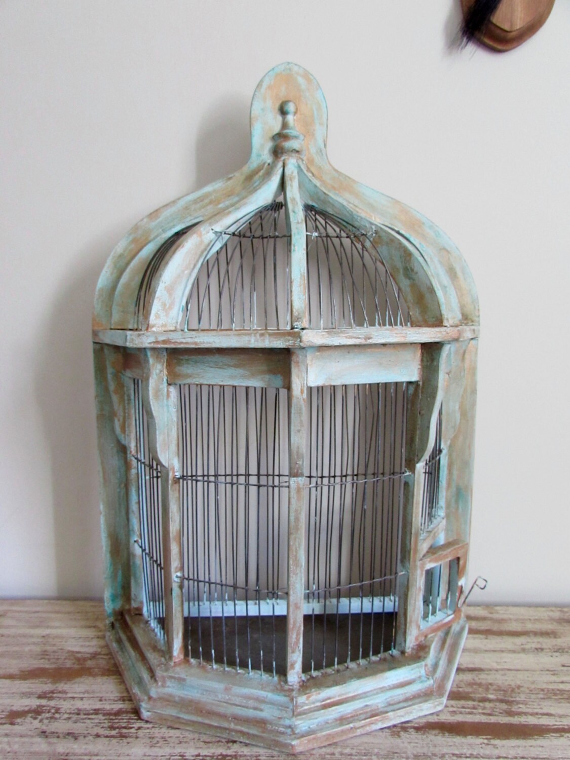 Vintage French Bird Cage Display Wall Shelf Wood and