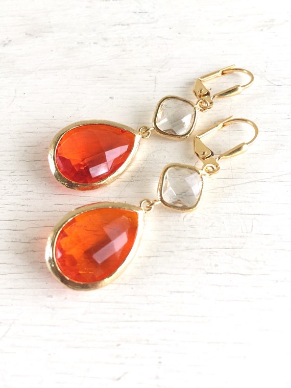 Items similar to Orange and Gold Earrings. Jewel Fashion Earrings. Orange Dangle Earrings. Drop