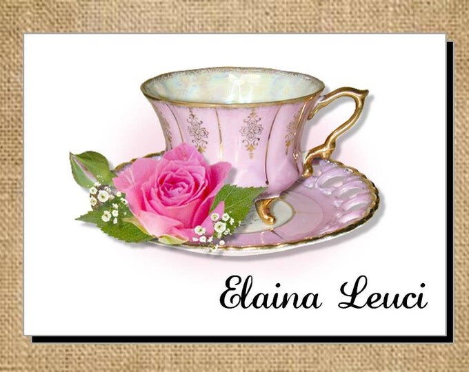 Beautiful Personalized Pink Elegance Teacup Cup Tea Note Cards - Invitations - Thank You Cards for Bridal Shower or Luncheon ~ Bridal Gift