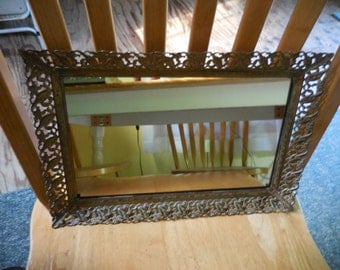Vintage 1950s to 1960s Gold Tone Rectangle Vanity Tray New Mirror Retro Hangable Bedroom Footed Filigree Metal