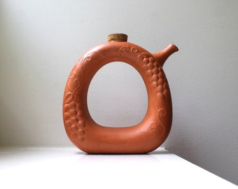 Vintage Modern Pitcher Decanter Carafe Donut Ring Terracotta Pottery Gourmet Topf