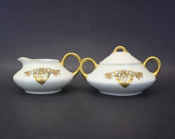 Vintage 1930s German White & Gold Cream and Sugar Set (E3218)