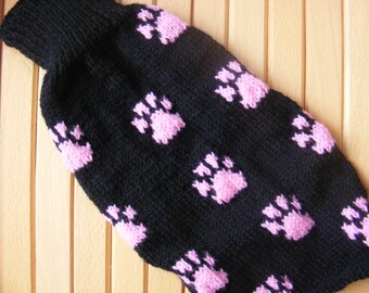Dog sweater knitting pattern.Paw print Motif. Button up. 3 sizes small to med