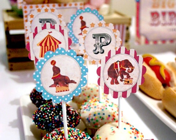 Vintage Circus Cupcake Toppers/Party Circles Aqua Combo - INSTANT DOWNLOAD - Editable & Printable - Birthday Decorations by Sassaby Parties Il_570xn