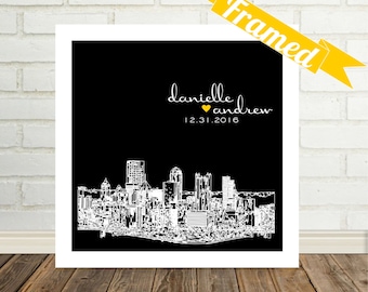 Personalized Wedding Skyline FRAMED ART Gift Print Any City Worldwide City Silhouette City Skyline Personalized Art Valentines Day Gift