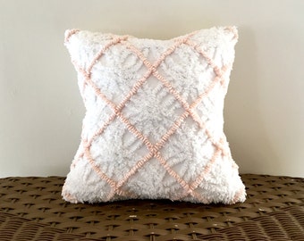 PEACH LATTICE vintage chenille pillow cover, cottage chic cushion cover, shabby style pillow case, pale apricot pillow sham, textured pillow