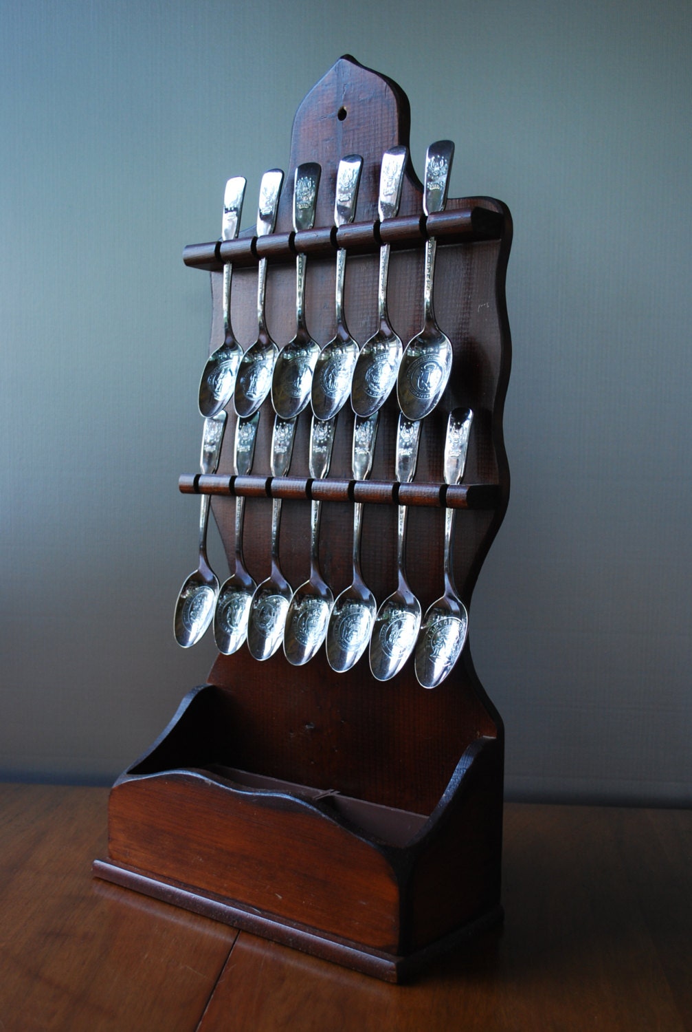 vintage spoon rack/ planter w/ silver souvenir spoons 13