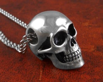 Human Skull Necklace - Antique Silver Skull Jewelry on 24" Antique Silver Chain