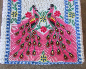 Vintage Blue and White Pink Peacock Chenille Bedspread,Vintage Bohemian Bedding, Fifties Bedspread, Vintage Full Size Bed Coverlet Bedspread