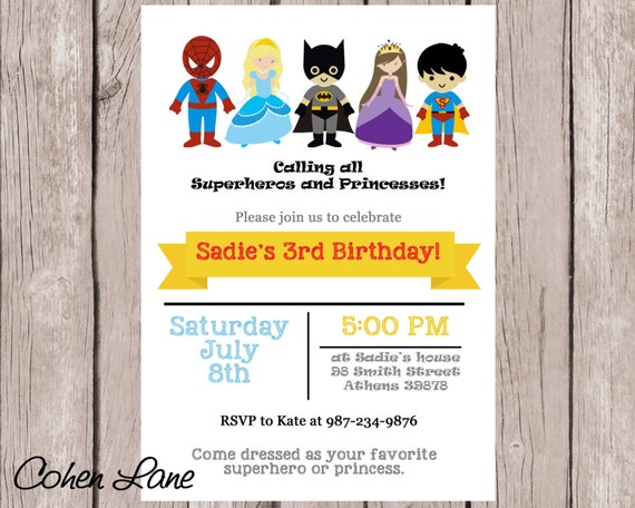 Superhero and Princesses Printable Birthday Invitation. Superhero invite. Princess Invite. Birthday Party Invite. Il_570xn