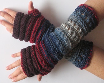 Fingerless Gloves Burgundy Red Blue Azure Gray Arm Warmers Knit Soft Acrylic