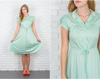 Vintage 70s Mint Green Dress Lace Collar Floral Boho Midi XS Small S 5705 vintage dress 70s dress mint dress lace collar dress xs dress