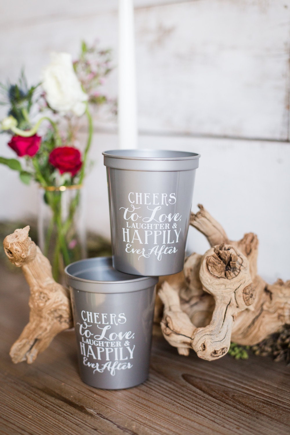 Monogrammed Plastic Cups Cheers to Love and Laughter Party