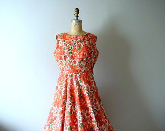 1950s vintage dress . 50s orange floral dress . large