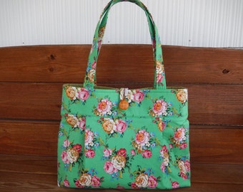 Handbag Purse Fabric Bag Accessories Women Handbag Large Shoulder Bag Pleated Bag in Green with Yellow gold, Pink Roses print