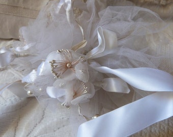 Vintage French bridal flower wedding bouquet pomander w ribbons bows, white wedding accessories for the bride, white bridal accessories