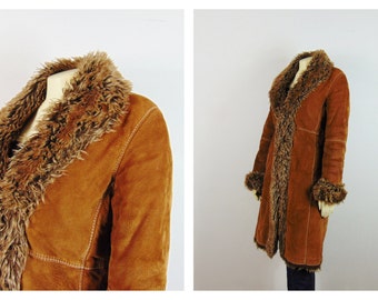 Vintage Coat 70s Marvin Richards Heavy Faux Fur Lined Suede 3/4 Length Winter Coat Fur Collar & Cuffs Size S - M