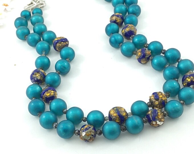 Bold Ocean Blue West Germany Necklace with Bohemian Lampwork Glass Beads. Vintage 3 Strand Necklace. Brilliant Blue Necklace. Teal.