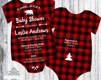 Lumberjack Baby Shower Invitation | Buffalo Plaid Invitation | Flannel Baby Shower | Printed Die Cut Invitation | Baby Bodysuit | Set of 25