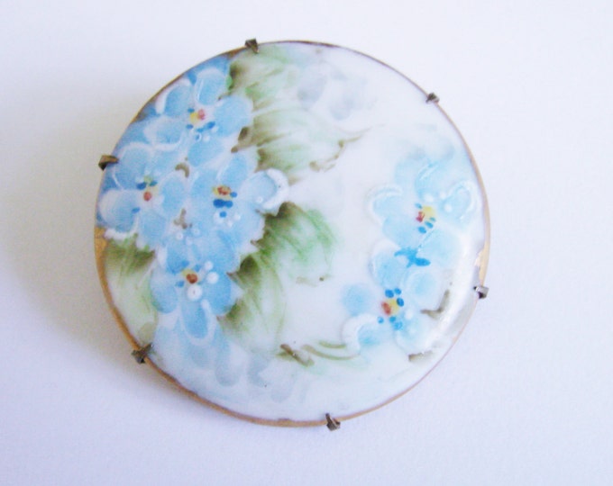 Victorian Blue Hand Painted Floral Porcelain Brooch / Vintage Jewelry / Jewellery