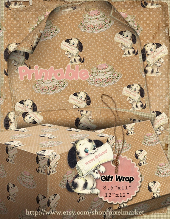 WRAPPING PAPER for Girl Printable Birthday Retro by pixelmarket