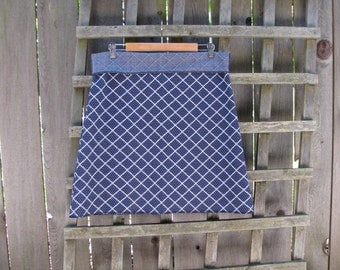 Navy Blue White Geometric Aline Skirt/ Funky Retro Vintage Polyester Stretch Knit Knee Length Skirt XL
