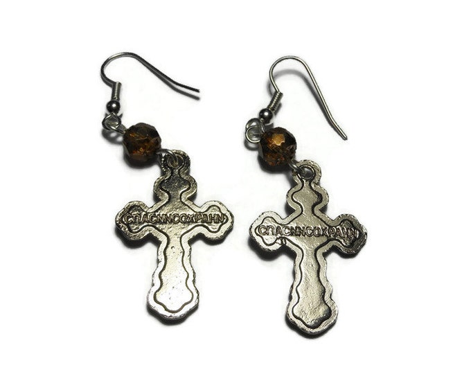 Orthodox Crucifix Earrings, handmade Russian Orthodox silver plated with golden topaz Czech cathedral glass cross pierced dangle earrings.