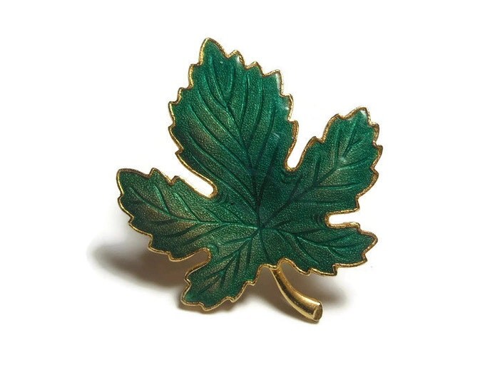 FREE SHIPPING Maple leaf brooch, green enamel with orange gold highlights, gold tone edging, great vein work