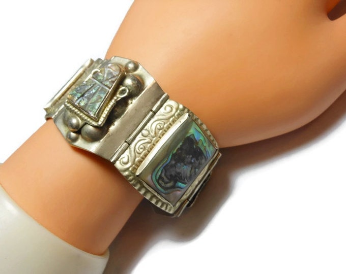 FREE SHIPPING Mexican bracelet, abalone Aztec mask inserts, silver etched link panels marked Hecho en Mexico, Mexico City mark Mexican Eagle