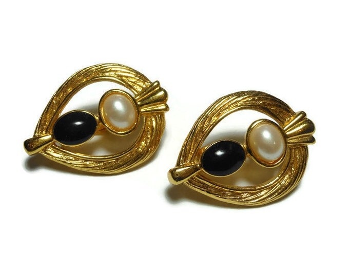FREE SHIPPING Avon gold teardrop earrings, open work braided gold with faux half pearl and black cabochon insets, clip earrings