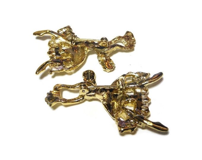 Ballerina with fan brooch pair, pair of ballerina scatter pins, gold plated with amethyst rhinestones above the hem