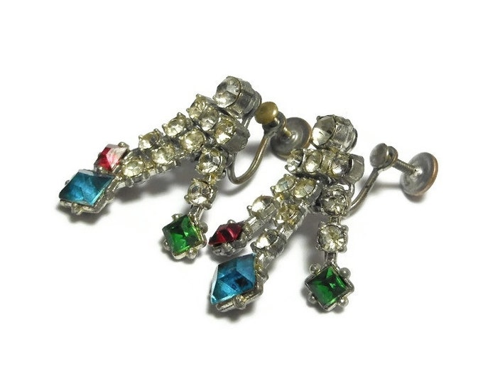 1930s rhinestone earrings, dangle screw back earrings, clear with pink, blue and green stones at end set in pot metal