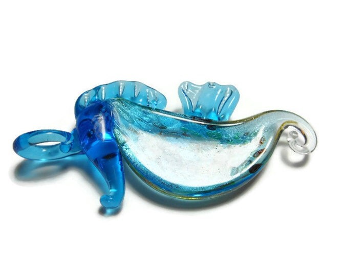 Lampwork seahorse pendant, handmade focal, glass, blue and multicolored, sea blue foil, 58x30mm seahorse