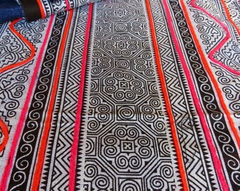 Handprinted Hmong cotton, Vintage style new fabric, Batki textiles and fabrics- Table runner,