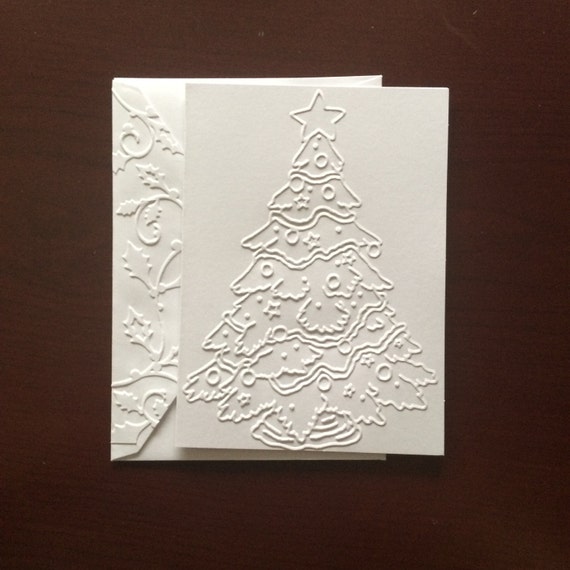 10 White Embossed Christmas Tree Note Cards by PaperArtFlower