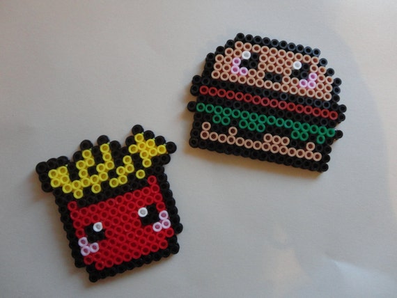 Items similar to Kawaii Burger & Fries perler bead magnet set of 2 on Etsy