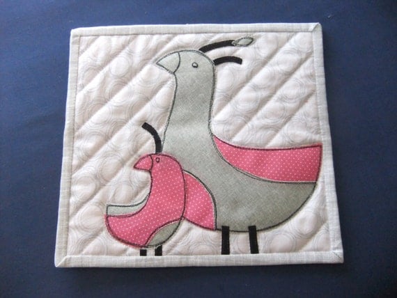 Quilted mug rug, Birds Mug Rug, Scandinavian design, Pink and gray birds, Gift for her, Made in USA