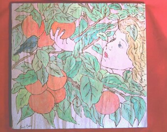 Art Pyrography-Girl with Peaches- Handcrafted-Wood Burnt Wall Plaque Signed