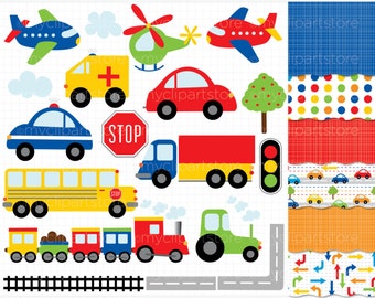 Clipart Combo - Transportation / Trains, Planes & Trucks - airplanes, train clipart, construction clipart, helicopter, road safety clipart