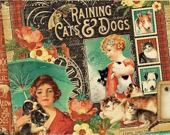Graphic 45 - Raining Cats and Dogs 12x12 Paper Set - 1 of each 12 design papers - 12 sheets Cardstock Collection