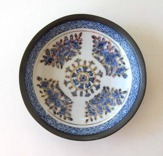 Vintage Japanese Porcelain Ware Bowl Encased in Pewter Hand